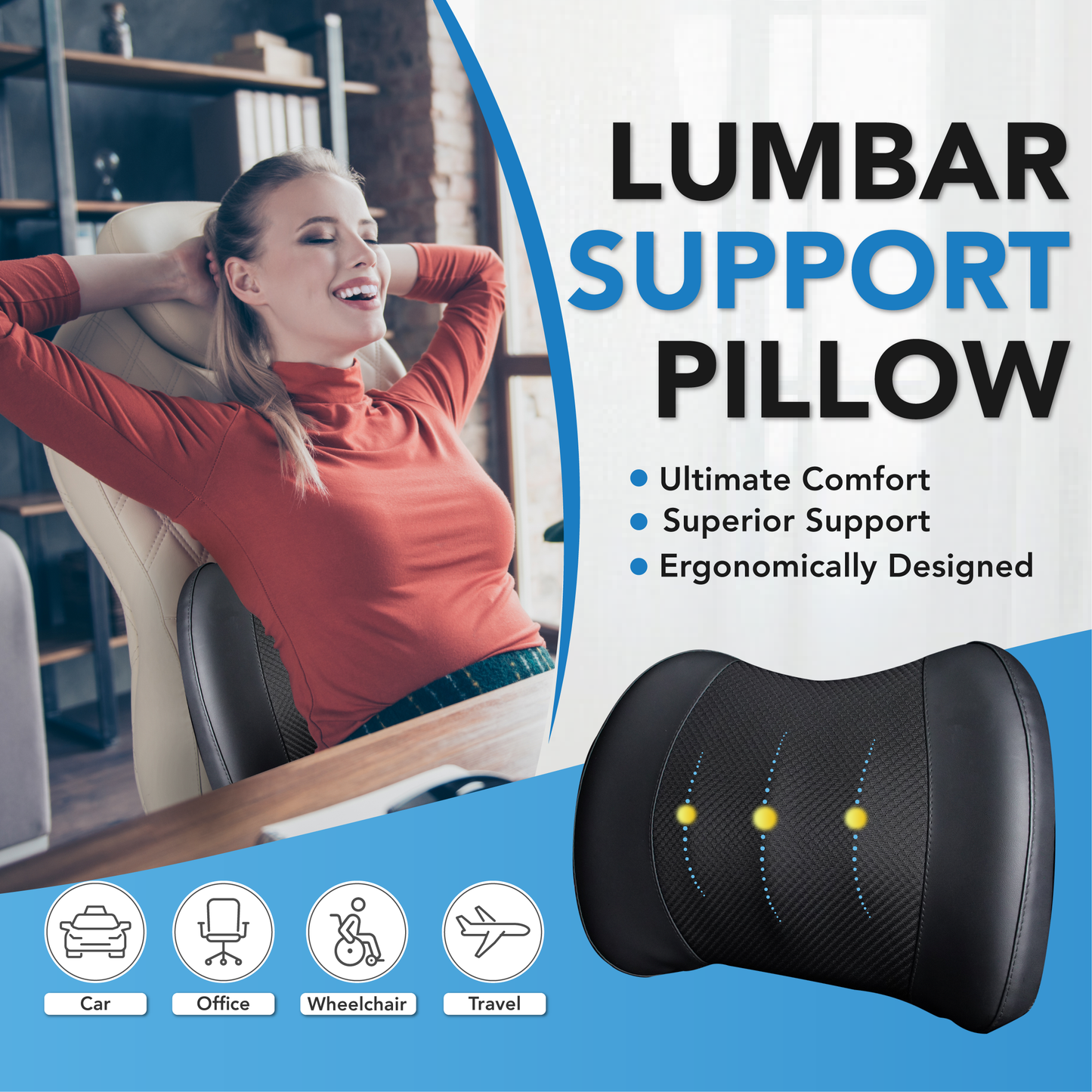 Lofty Aim Lumbar Support Pillow for Car, Memory Foam Lumbar Pillow for Lower Back Pain Relief - Back Cushion for Driving, Chair Support for Car-Office Chair, Wheelchair - Black