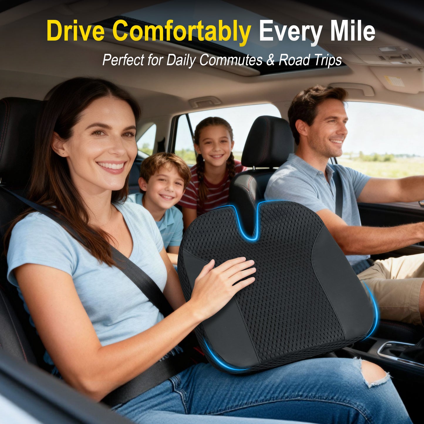 Seat Cushion for Car-Office: Ergonomic Memory Foam Seat Cushion for Back-Sciatica Pain Relief, Large Desk Butt Pillow for Office Chair, Car, Wheelchair - Black