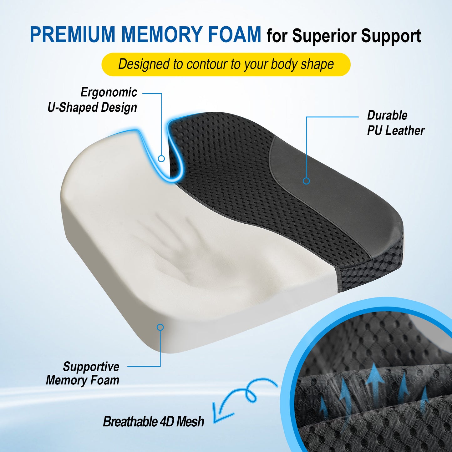 Seat Cushion for Car-Office: Ergonomic Memory Foam Seat Cushion for Back-Sciatica Pain Relief, Large Desk Butt Pillow for Office Chair, Car, Wheelchair - Black
