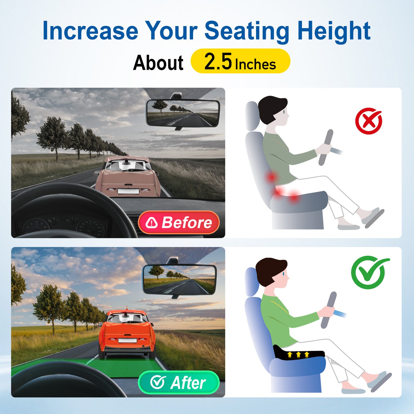 Seat Cushion for Car-Office: Ergonomic Memory Foam Seat Cushion for Back-Sciatica Pain Relief, Large Desk Butt Pillow for Office Chair, Car, Wheelchair - Black