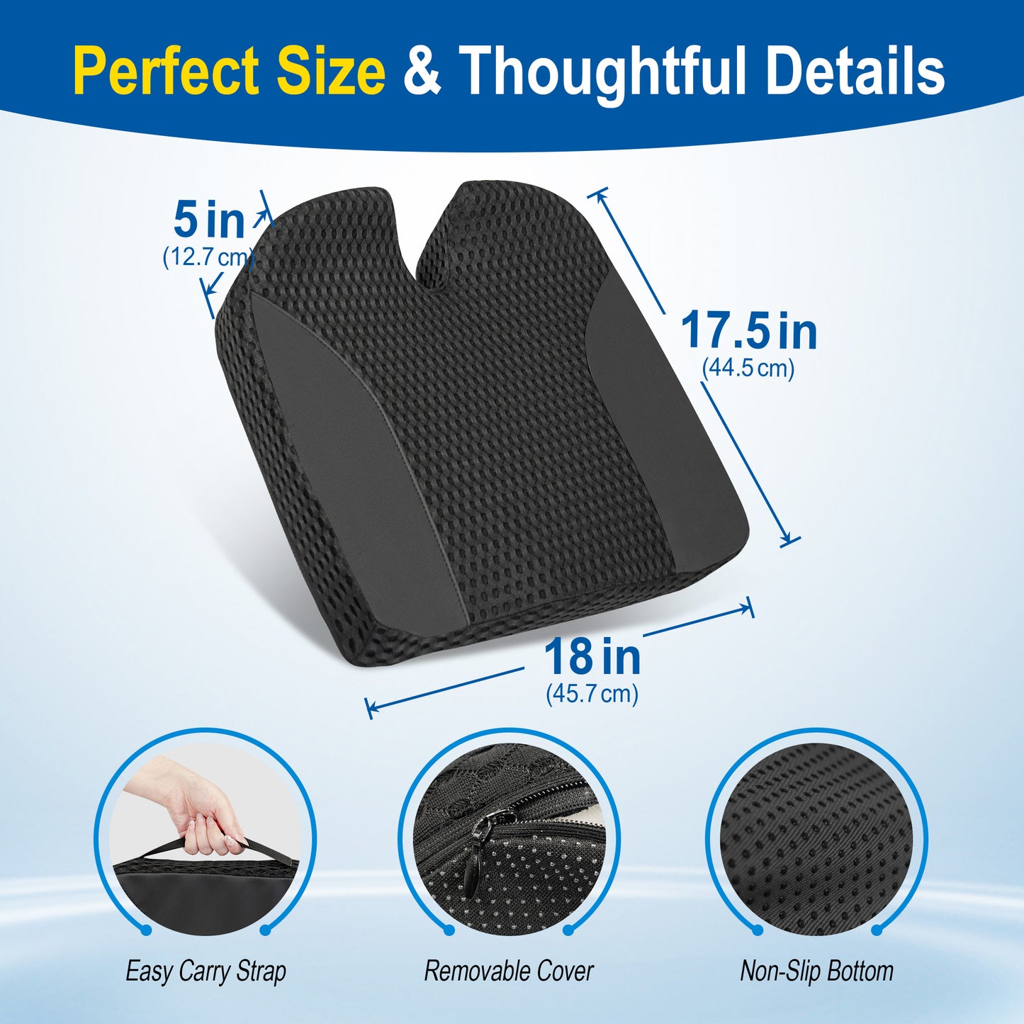Seat Cushion for Car-Office: Ergonomic Memory Foam Seat Cushion for Back-Sciatica Pain Relief, Large Desk Butt Pillow for Office Chair, Car, Wheelchair - Black