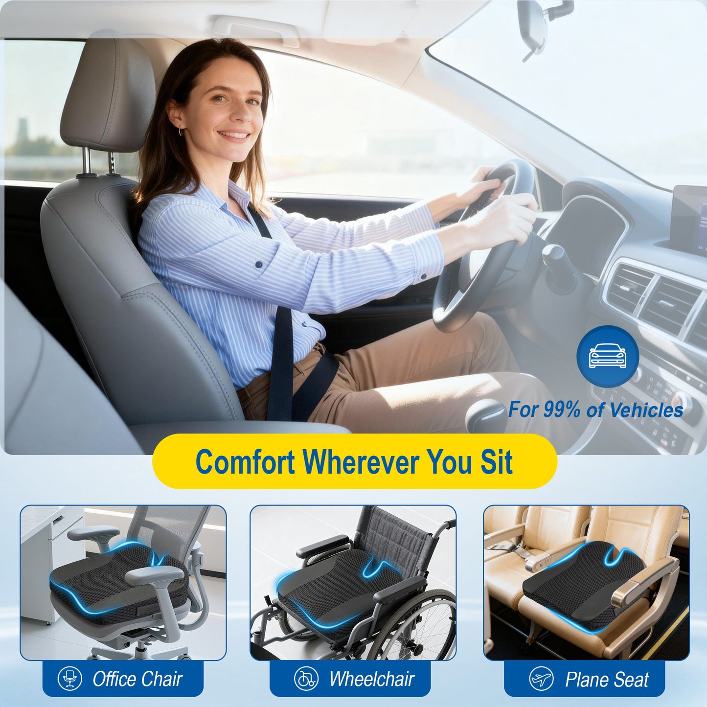 Seat Cushion for Car-Office: Ergonomic Memory Foam Seat Cushion for Back-Sciatica Pain Relief, Large Desk Butt Pillow for Office Chair, Car, Wheelchair - Black