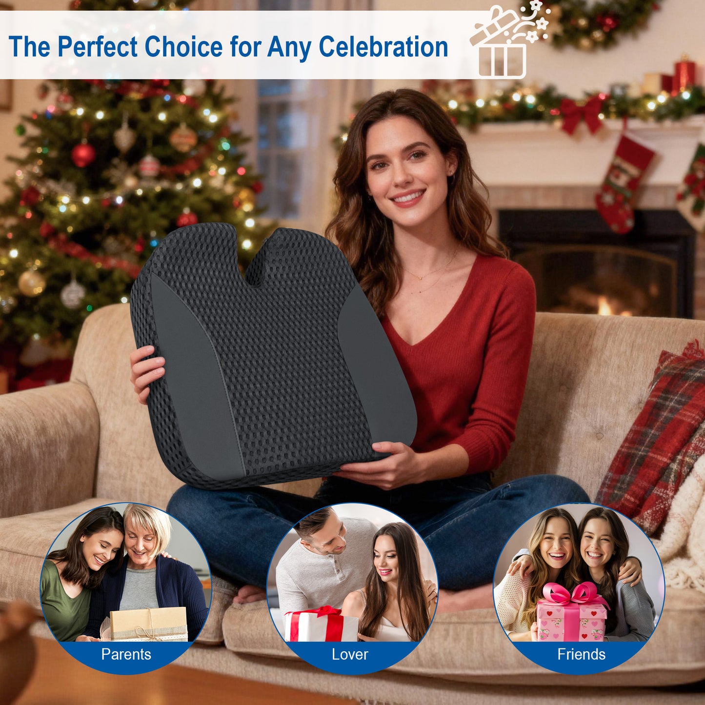 Seat Cushion for Car-Office: Ergonomic Memory Foam Seat Cushion for Back-Sciatica Pain Relief, Large Desk Butt Pillow for Office Chair, Car, Wheelchair - Black