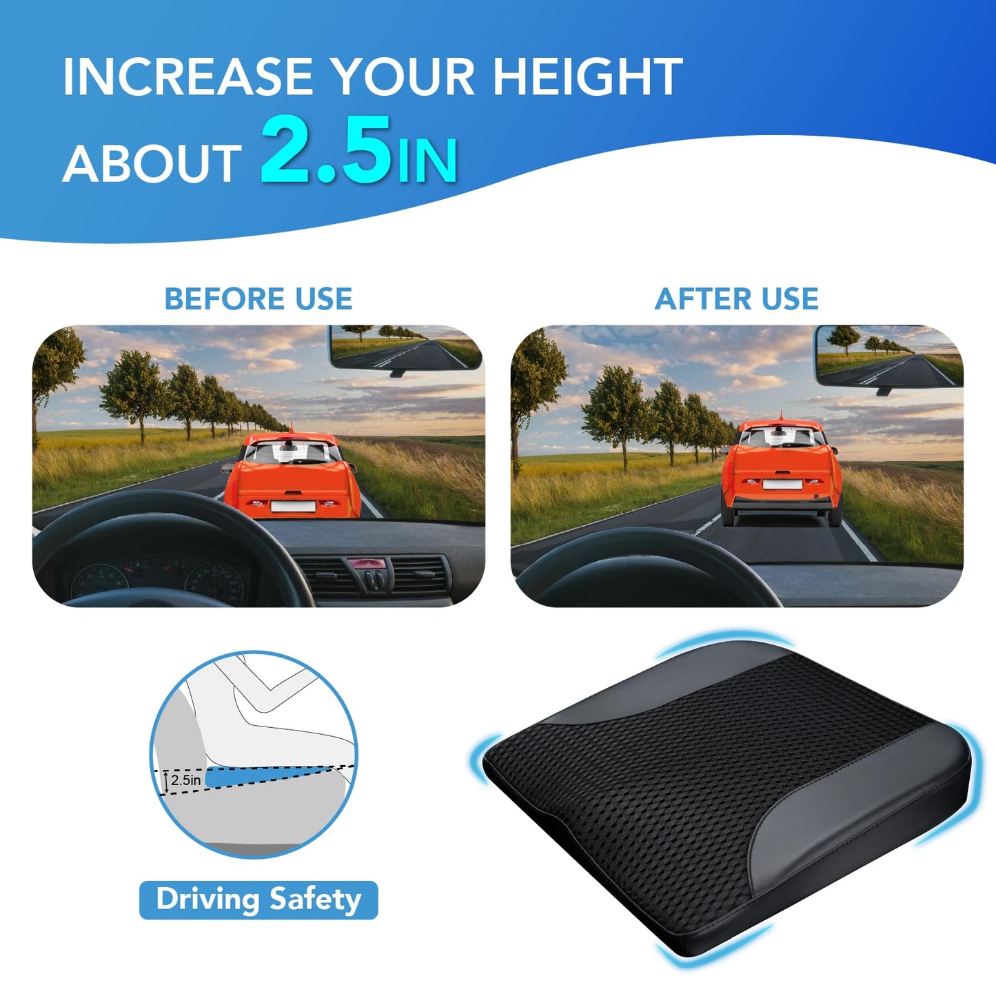 Lofty Aim Car Seat Cushion, Comfortable Memory Foam Seat Pillow for Driving, Sciatica-Back Pain Relief, Cushion for Car-Truck, Office, Wheelchair - Black