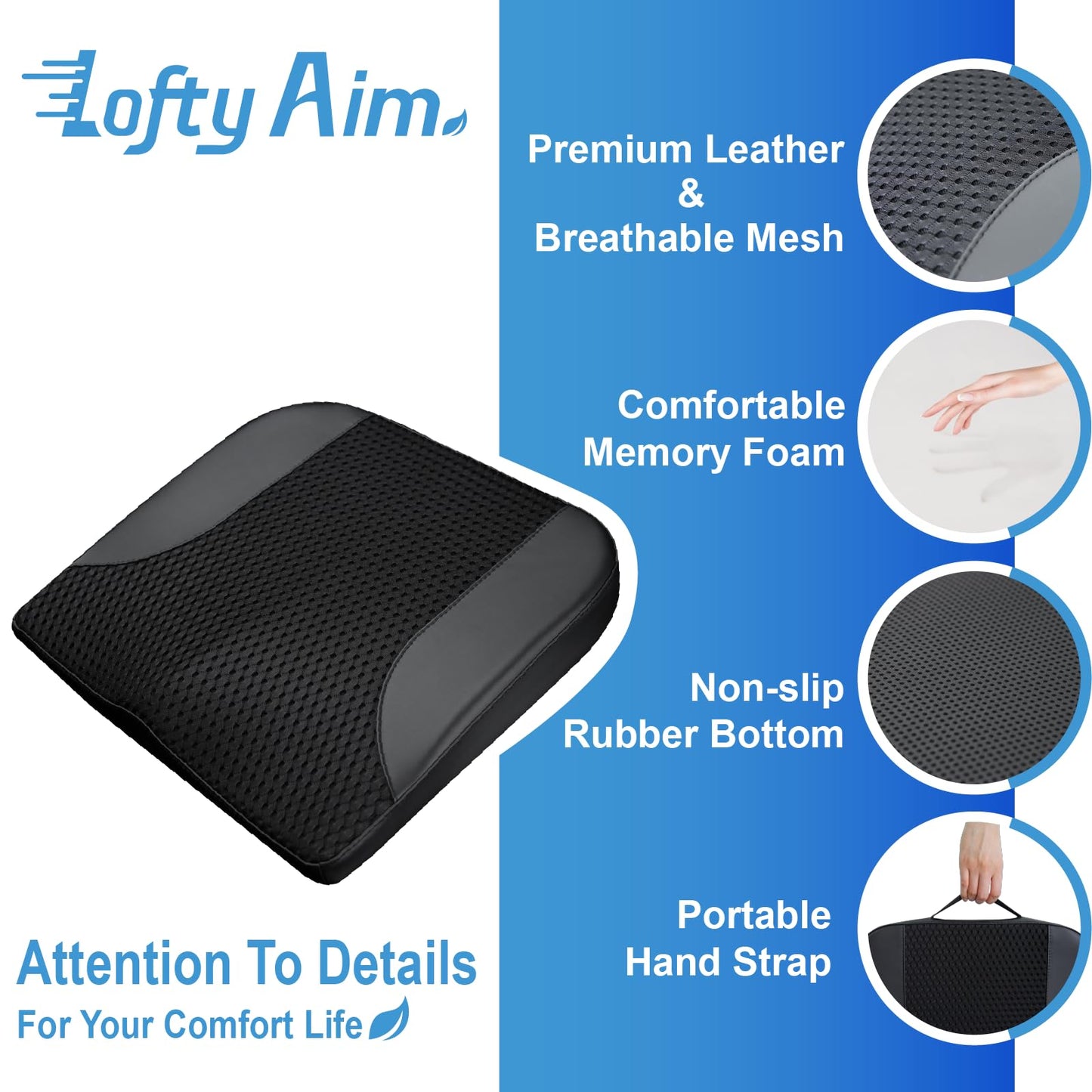 Lofty Aim Car Seat Cushion, Comfortable Memory Foam Seat Pillow for Driving, Sciatica-Back Pain Relief, Cushion for Car-Truck, Office, Wheelchair - Black